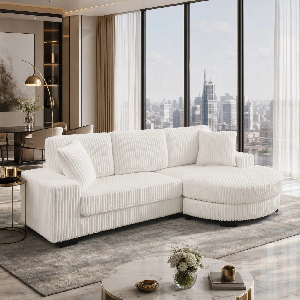 Divano angolare modulare 4 posti con pouf ovale reversibile e 2 cuscini in corduroy beige per soggiorno