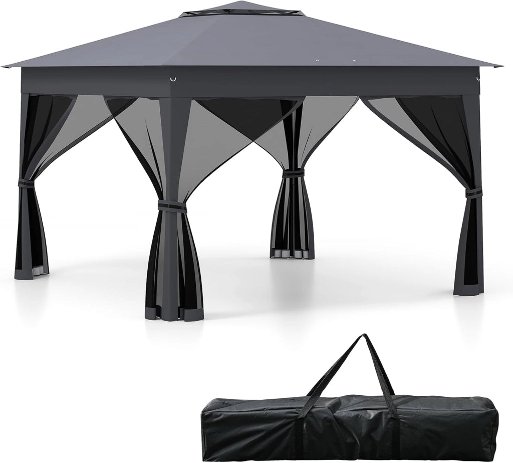 Gazebo Pieghevole 3,4 x 3,4 m con Zanzariera, Gazebo da Giardino con Tende Laterali, Tenda da Giardino Antivento Facile da Montare Resistente 210D con Borsa di Trasporto (Grigio)