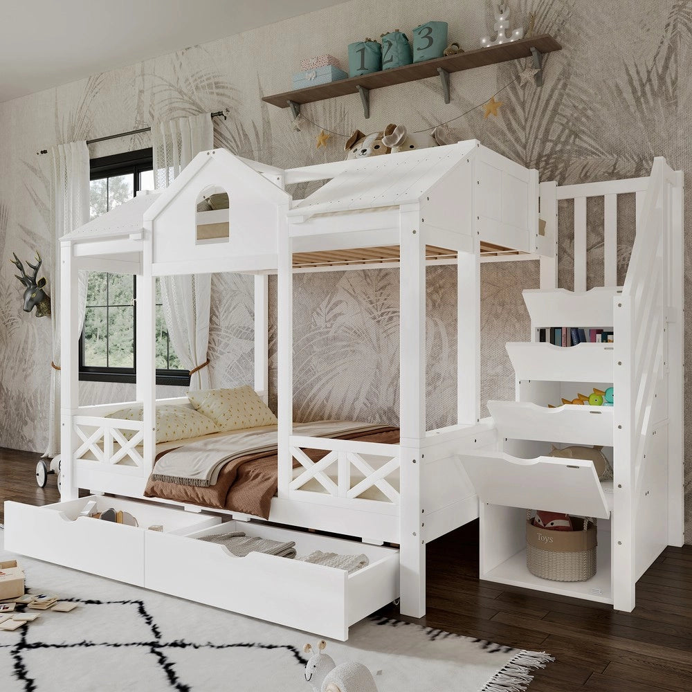 Letto a Castello con Cassetti e Scaletta ¨C MINIMAL ¨C Pino/MDF, Bianco, 90x200 & 140x200