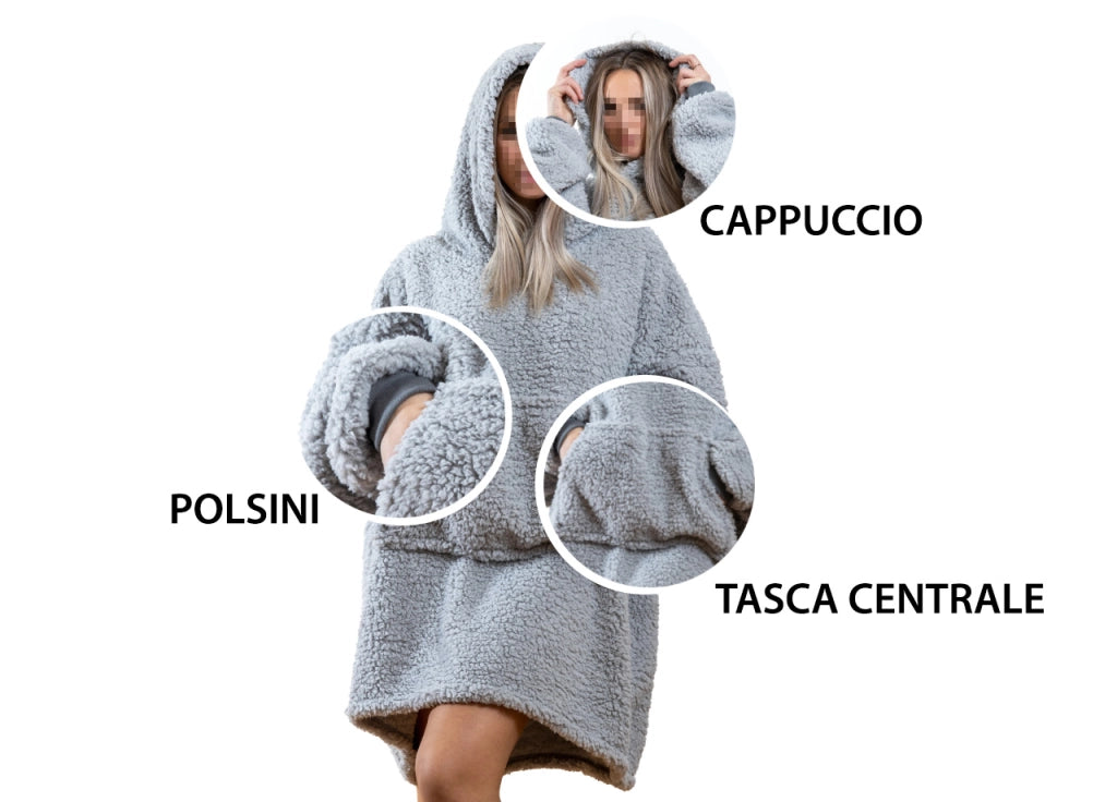 Felpa Plaid Inverno Coperta Agnellata Sherpa Con Tasca Tinta Unita Fluffy - Felpone - Tortora