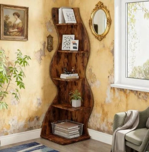 Scaffale angolare a 5 ripiani marrone in legno