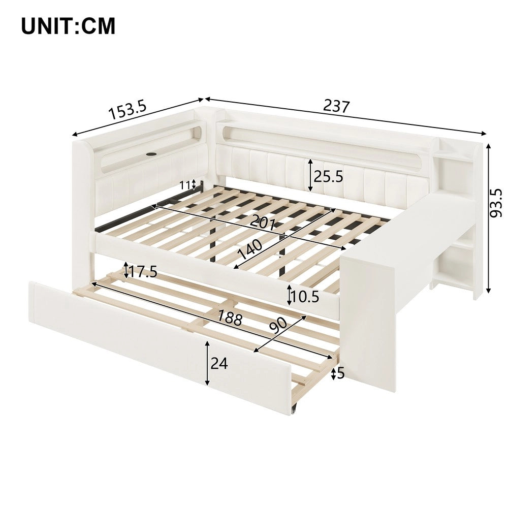 Letto Imbottito con Letto Estraibile e Scrivania ¨C MINIMAL ¨C Bianco, LED, USB, 140x200