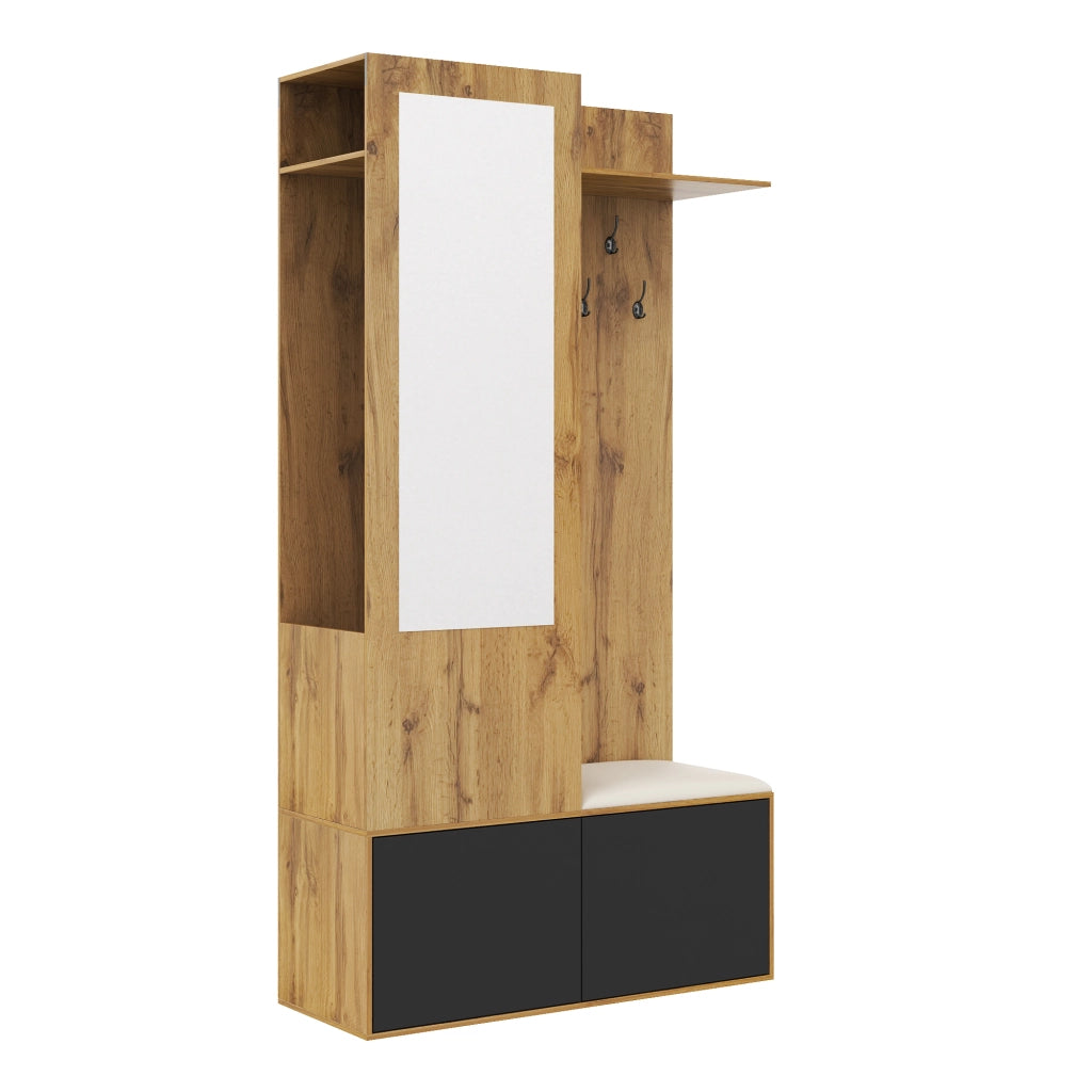 Ensemble de meubles de salon appendiabiti, specchio, panca portascarpe, MDF nero e naturale