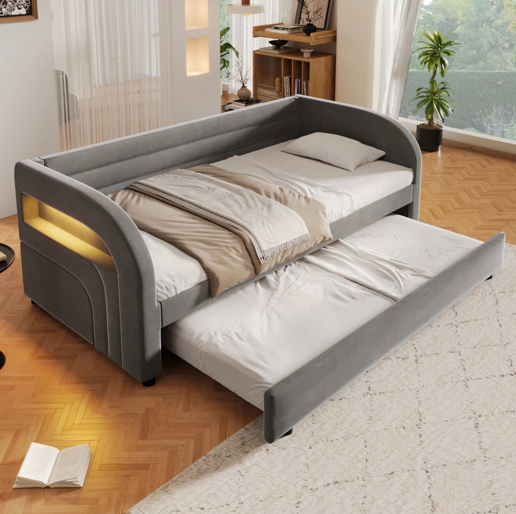Letto imbottito 90x200 cm con letto estraibile e LED; grigio