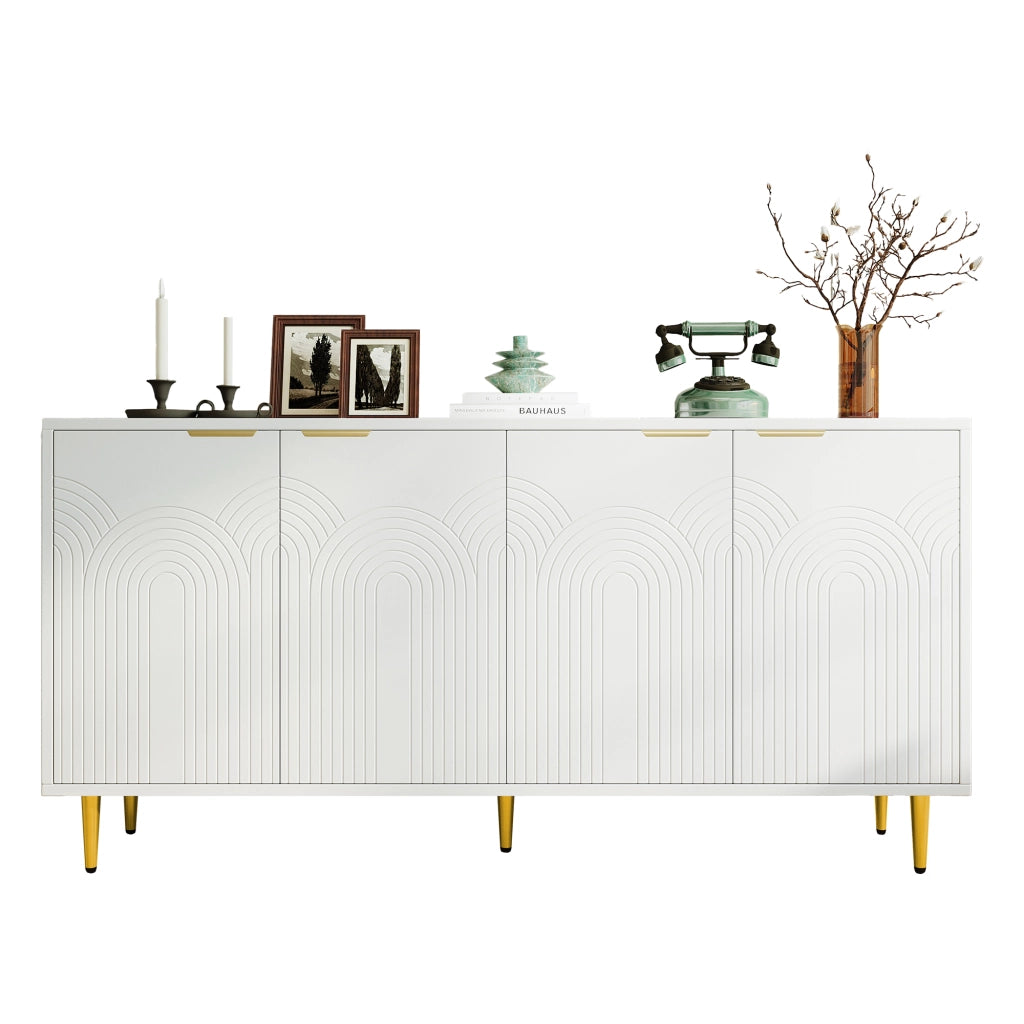 Credenza soggiorno bianca 4 ante con maniglie e dettagli oro, 160x40x80 cm, ripiani regolabili