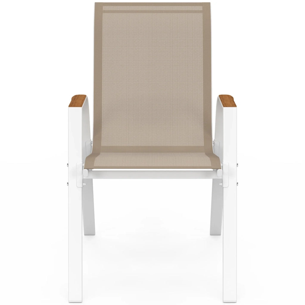IDMarket - Set di 4 sedie da giardino impilabili NOUMEA in metallo e textilene, bianco e legno
