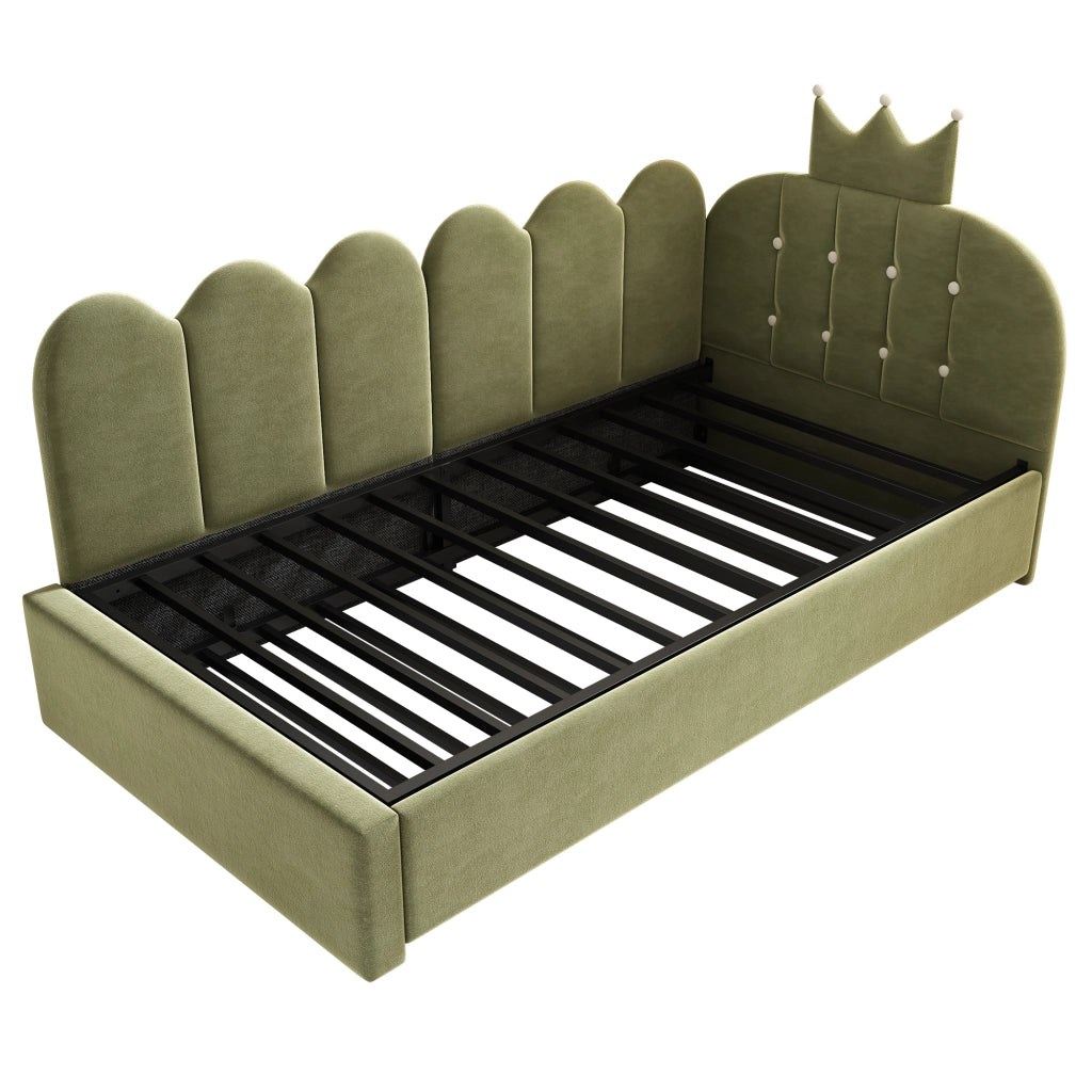 Letto daybed imbottito in velluto verde con letto estraibile 90x200 cm, design a corona, 2 pacchi