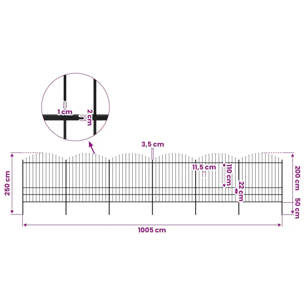 Recinzione da Giardino con Punta a Lancia in Acciaio 1005x200 cm Nera 277753