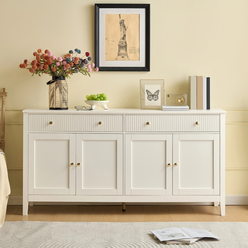Credenza bianca in MDF con 2 cassetti e 4 ante; 160 x 40 x 82 cm con maniglie dorate