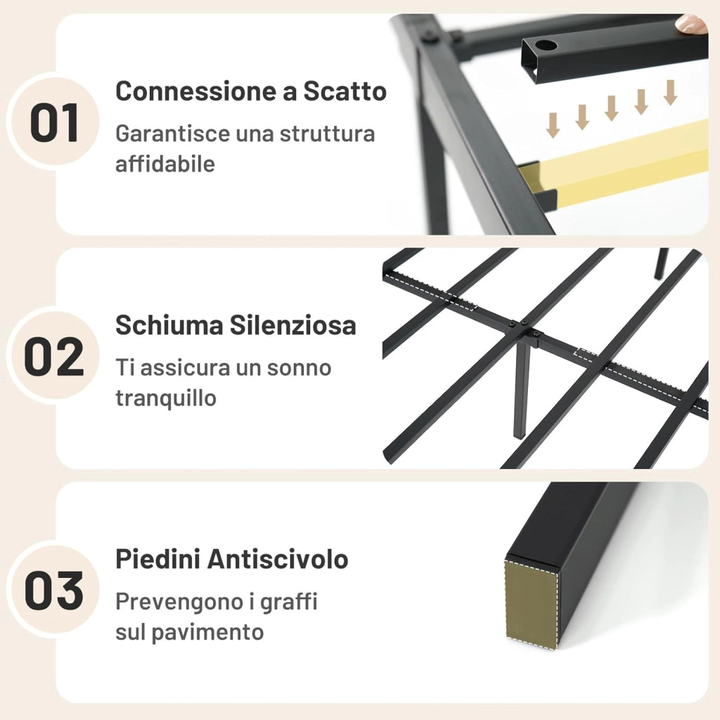 Struttura Letto 200x140cm, Letto Matrimoniale in Metallo con Doghe Resistenti, Spazio Sottostante per Conservazione, Non Serve Rete a Doghe, Silenzioso