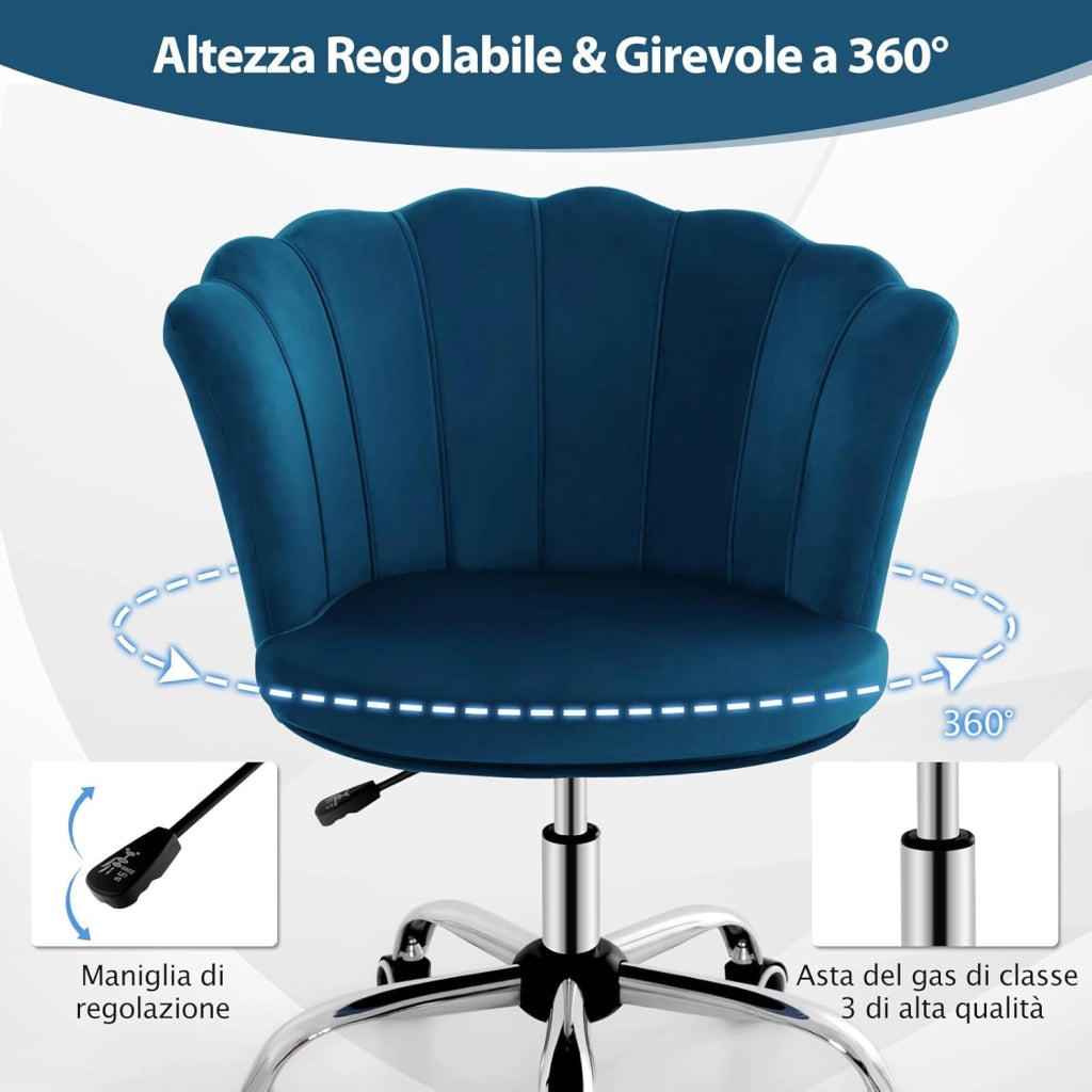 Sedia da Scrivania in Velluto, Poltrona Girevole con Altezza Regolabile, con Schienale a Forma di Petalo e Ruote, per Casa Ufficio, Carico Massimo 150 kg (Blu)
