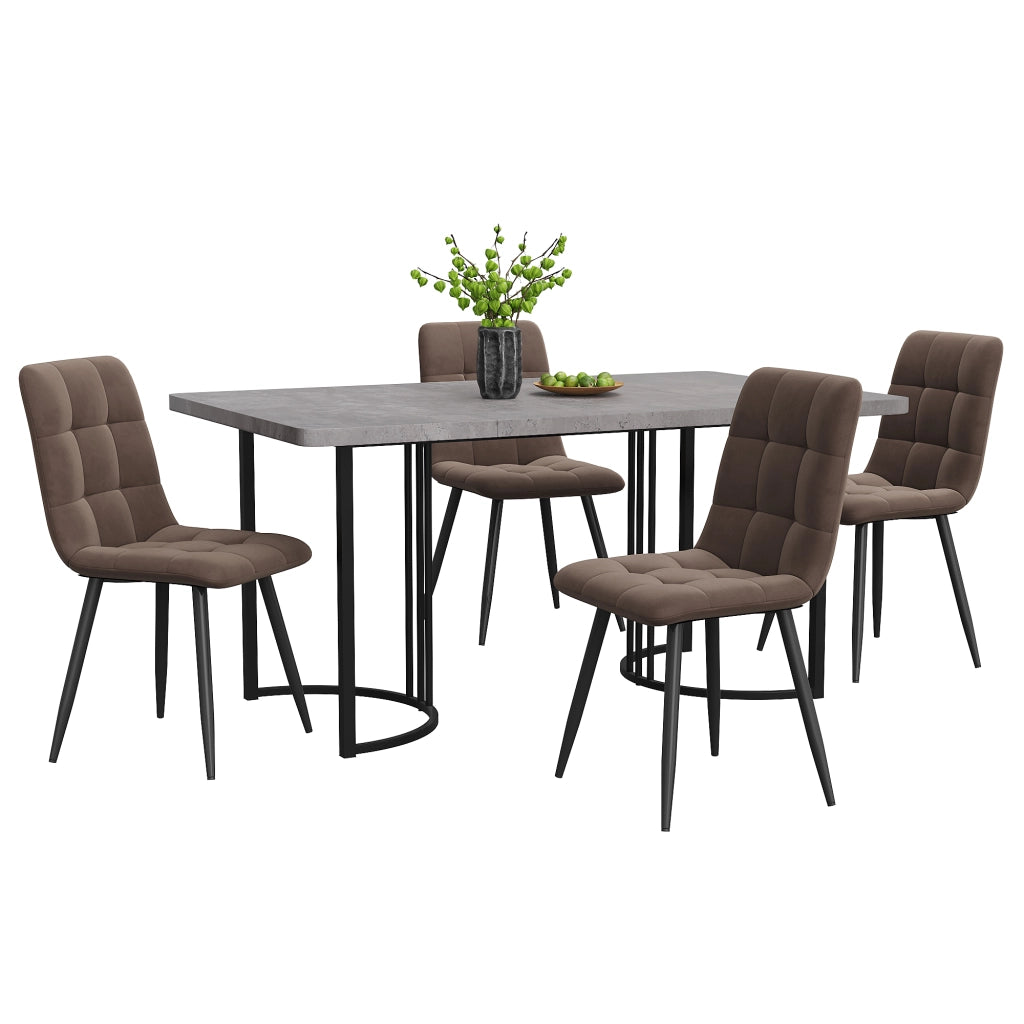 Tavolo da pranzo per 4 persone con 4 sedie, piano in MDF effetto marmo e gambe in metallo, grigio, 140 × 80 cm