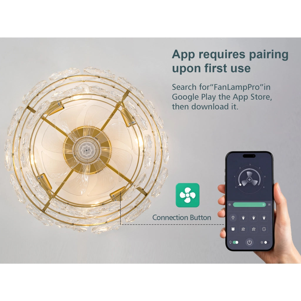 Ventilatore da soffitto 19 pollici con lampadario cristallo, stile lusso oro, motivo rombi, pale ABS, compatibile app, 6 velocit¨¤ reversibili