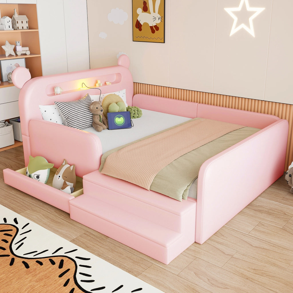 Letto imbottito per bambini con testiera a orso e USB, 140x200 cm, rosa