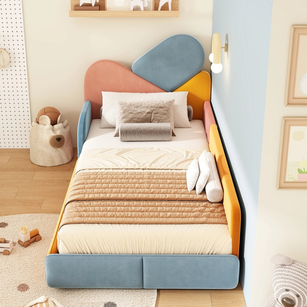 Letto con Sponda 90x200 cm; Letto Singolo - Imbottito; Sponde Alte - Blu Multicolore