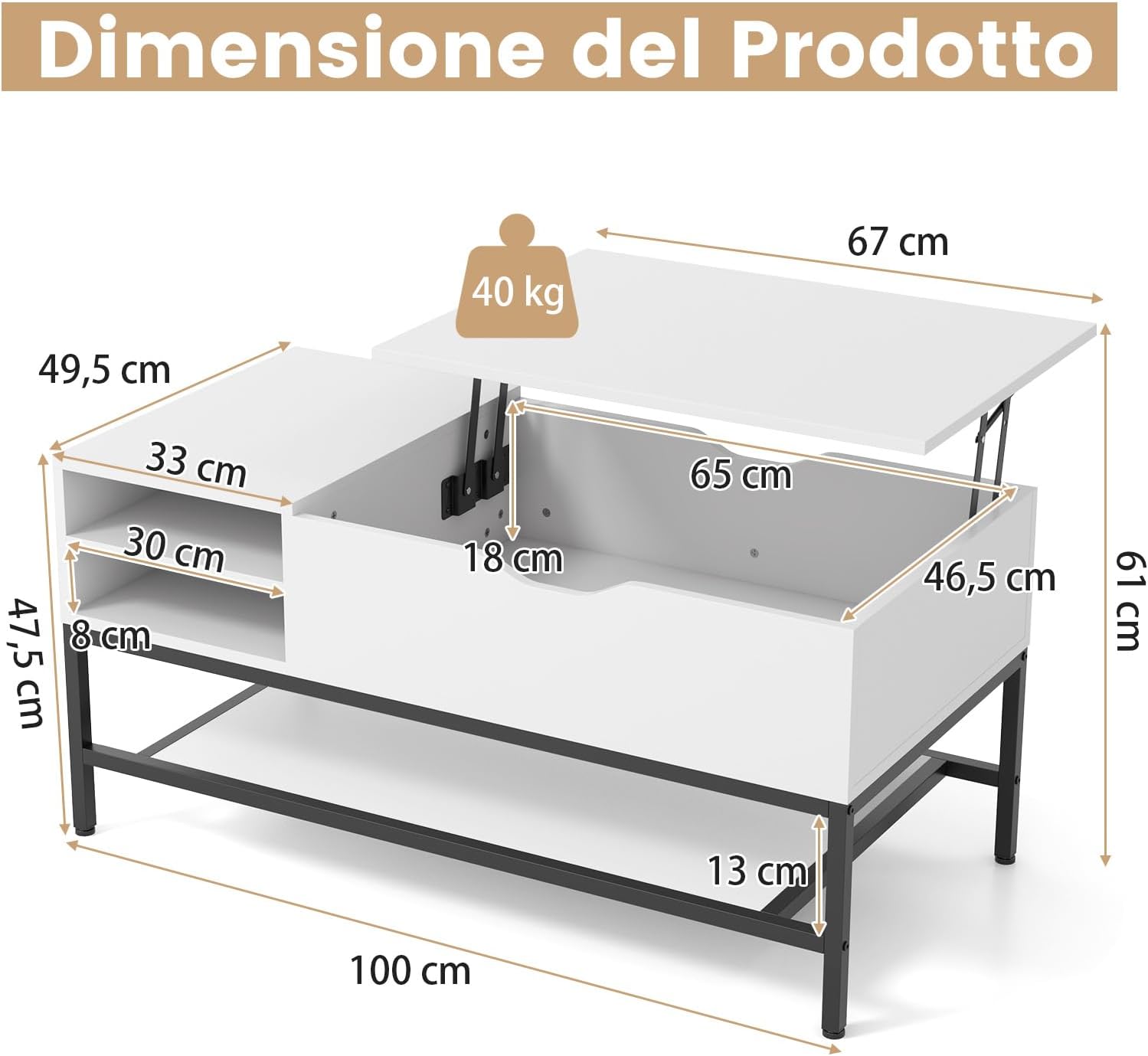 Tavolino da Salotto, Tavolino da Caffè con Piano Sollevabile, Vano Nascosto e Ripiano Rimovibile, Tavolino Basso in Legno e Metallo per Soggiorno e Sala, 100 x 50 x 48-61 cm (Bianco)