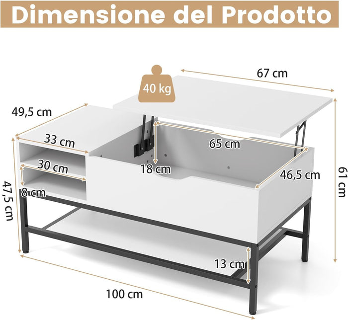 Tavolino da Salotto, Tavolino da Caffè con Piano Sollevabile, Vano Nascosto e Ripiano Rimovibile, Tavolino Basso in Legno e Metallo per Soggiorno e Sala, 100 x 50 x 48-61 cm (Bianco)