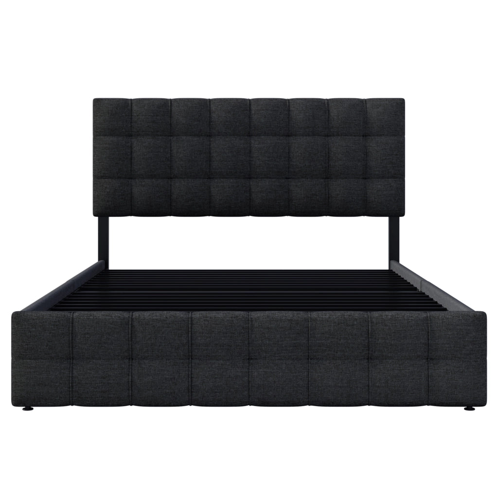 Letto matrimoniale imbottito con 4 cassetti, rete a doghe in acciaio e testiera regolabile 140x200 cm, nero