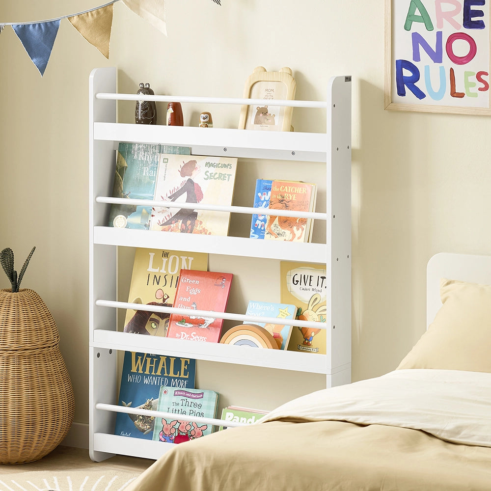 SoBuy | Libreria montessoriana per bambini bianca con 4 ripiani | Libreria per bambini | Porta libri per bambini | 80.0x12.0x118.0 cm | Capacità di carico 24 kg | KMB08-II-W