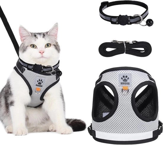 Attrezzo per gatti e cani adattabile con cinturino respiroso e strisce riflettenti con sistema anti-fuga.