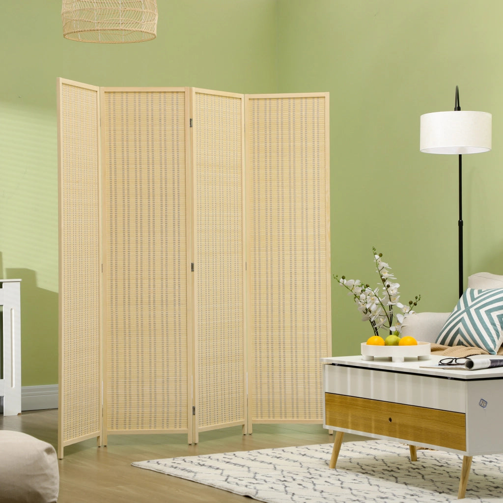 Paravento da Interno a 4 Ante Pieghevole Altezza 180cm, Legno e Bamb¨´ Stile Boho, Colore Naturale
