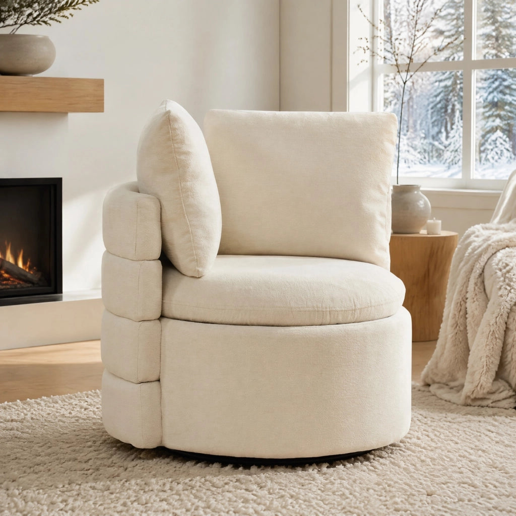 POLTRONA girevole 360° con contenitore nascosto 72 x 66,5 x 76 cm Chenille Avorio
