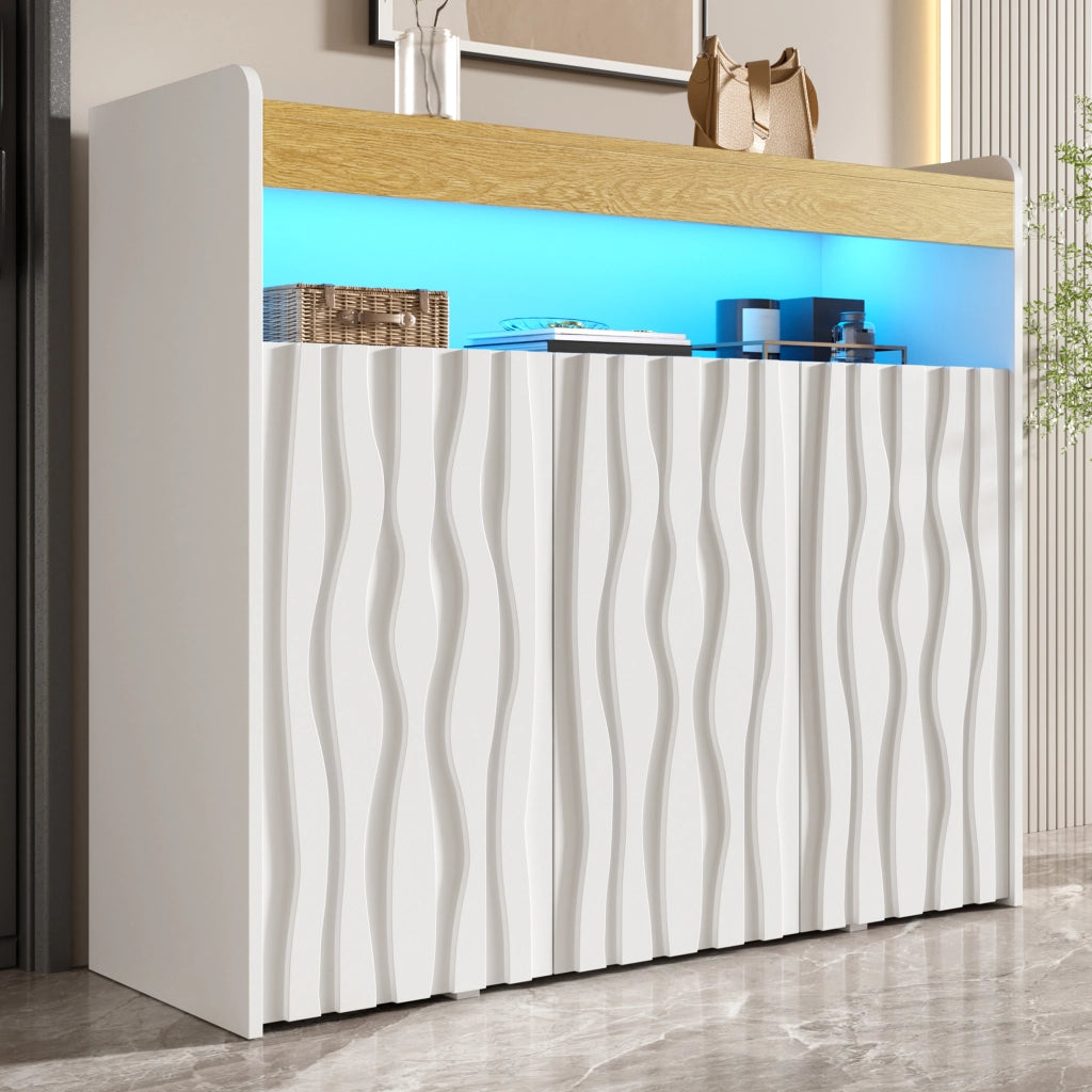 Credenza con 3 ante; vano aperto; LED e ripiani regolabili - 105x33.5x76 cm - bianco