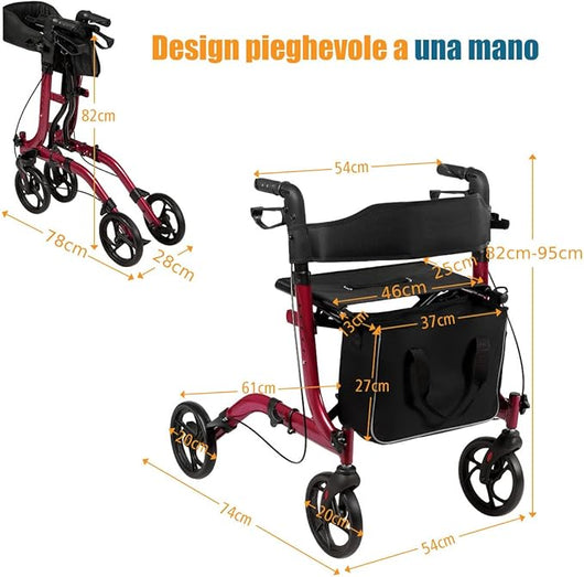 Deambulatore Pieghevole per Anziani Ultraleggero, con Sedile Borsa da Spesa e 4 Ruote Freno a Mano, Rollator Altezza Regolabile, Capacità 136kg, Lega di Alluminio, Nero (Rosso)