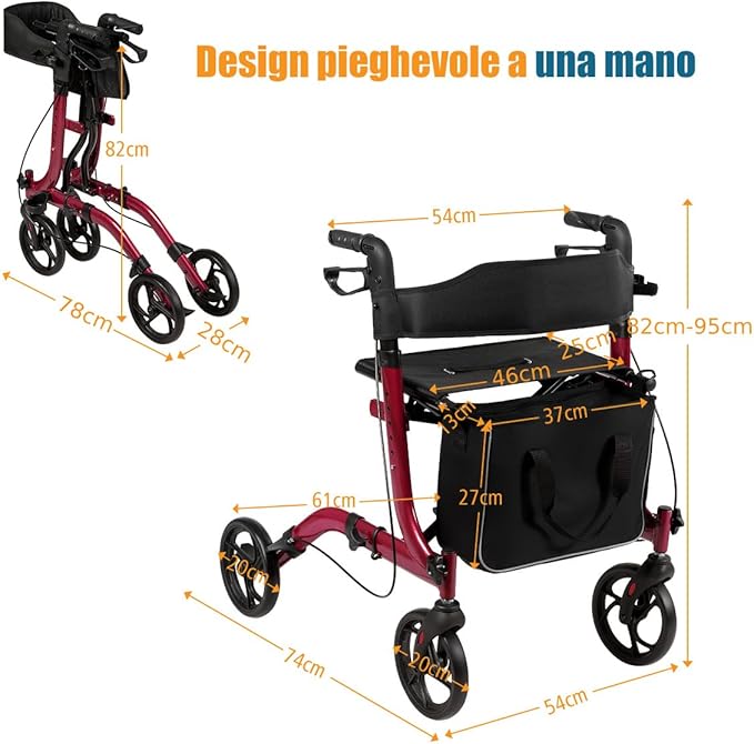 Deambulatore Pieghevole per Anziani Ultraleggero, con Sedile Borsa da Spesa e 4 Ruote Freno a Mano, Rollator Altezza Regolabile, Capacità 136kg, Lega di Alluminio, Nero (Rosso)