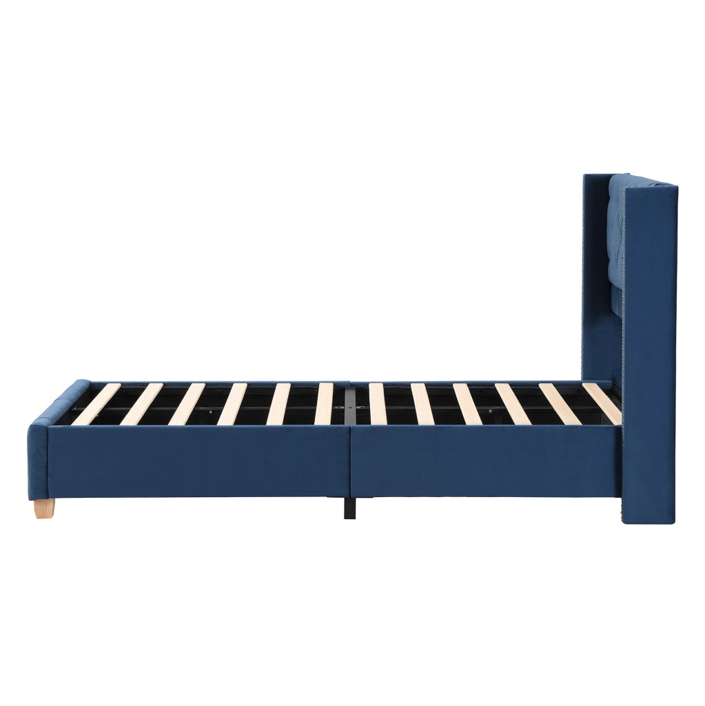 Letto imbottito 90x200 cm in velluto blu con rete a doghe