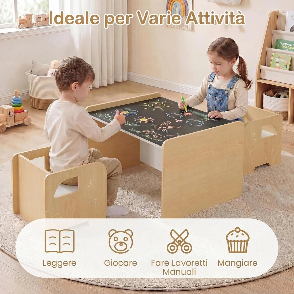 Set Tavolo e 2 Sedie per Bambini, Tavolo e Sedie Salvaspazio per Bambini 3+ Anni con Lavagna per Disegnare e Piedini Antiscivolo, per Camerette, Soggiorno e Studio (Naturale)