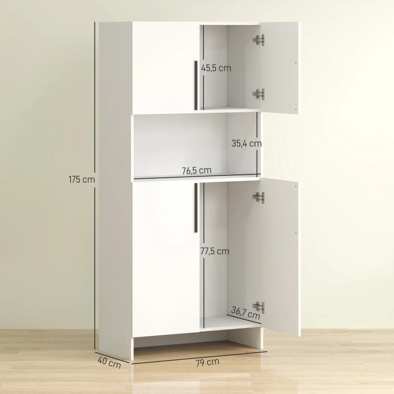 Credenza alta con 2 ante e piano d'appoggio per microonde, in legno, bianco, per cucina e soggiorno, 79 × 40 × 175 cm