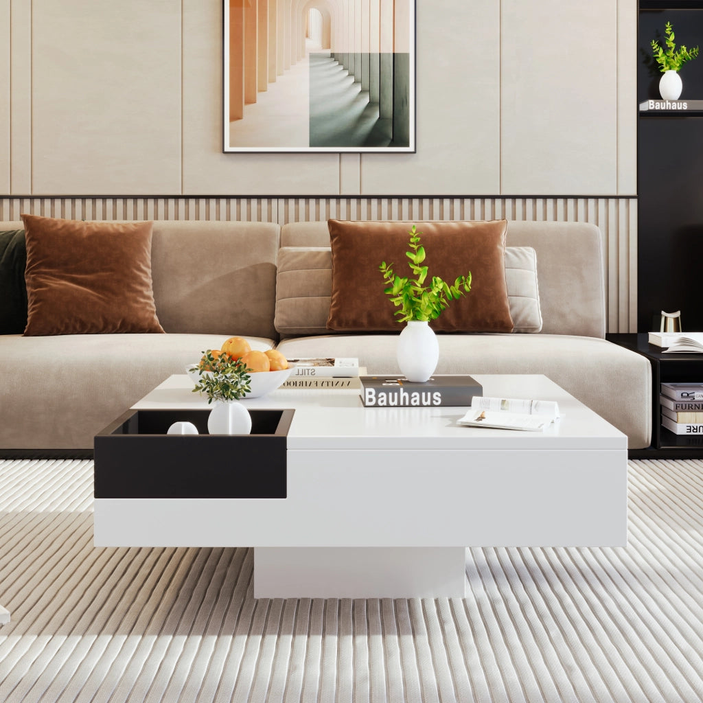 Tavolino da Salotto Quadrato con Box Contenitore Rimovibile e LED; Bianco e Nero; Lucido; in Pannello di Particelle; 72¡Á72¡Á30 cm