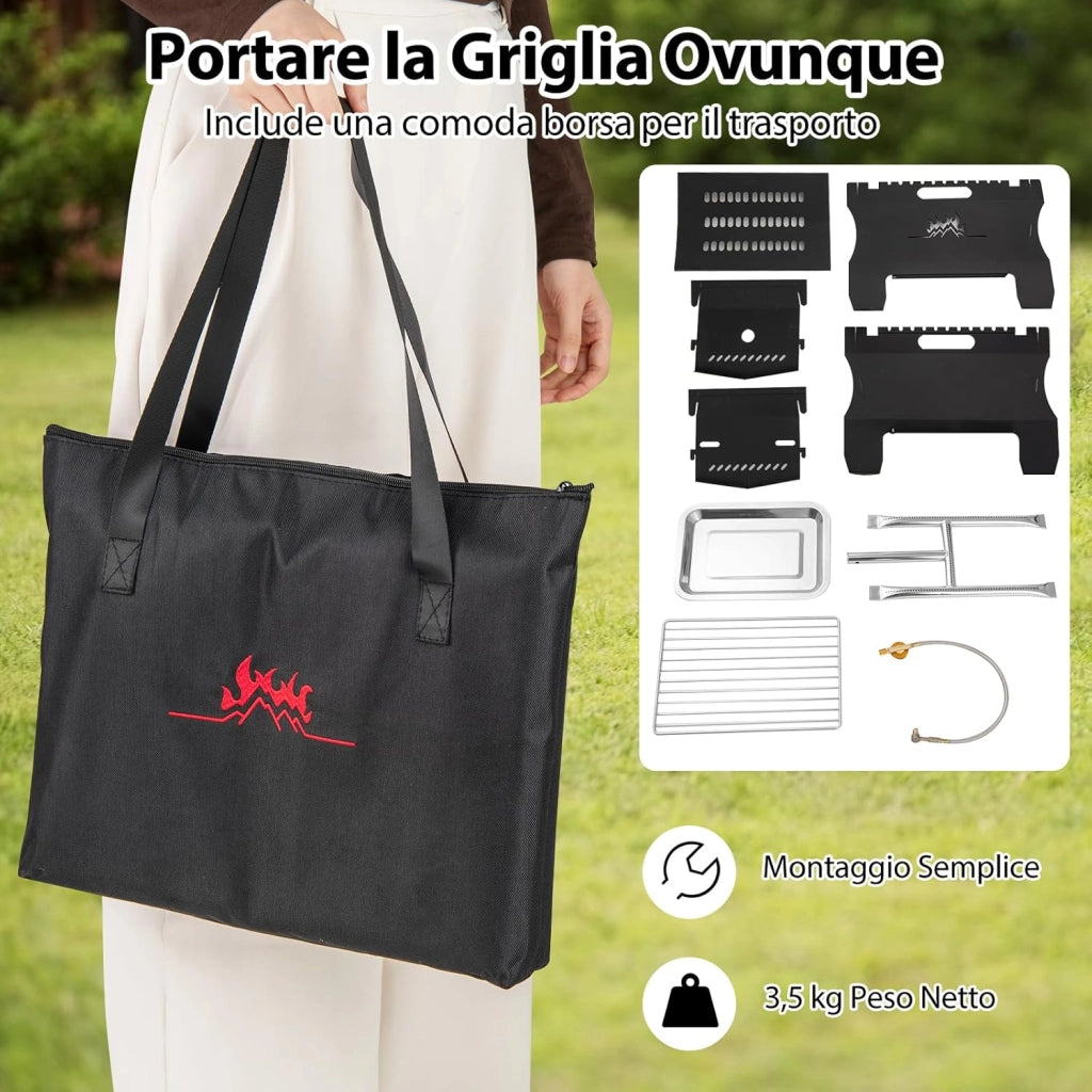 2 in 1 Griglia Barbecue, Barbecue Portatile a Doppio Combustibile con Griglia in Acciaio Inox e Borsa per Trasporto, Grill Esterno a Carbone e Legna per Picnic