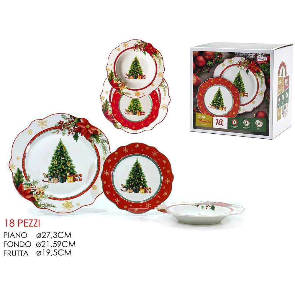 Trade Shop - Servizio Di Piatti Natalizi Da 18pz In Porcellana Per Festività Design Ondulato Elegante -