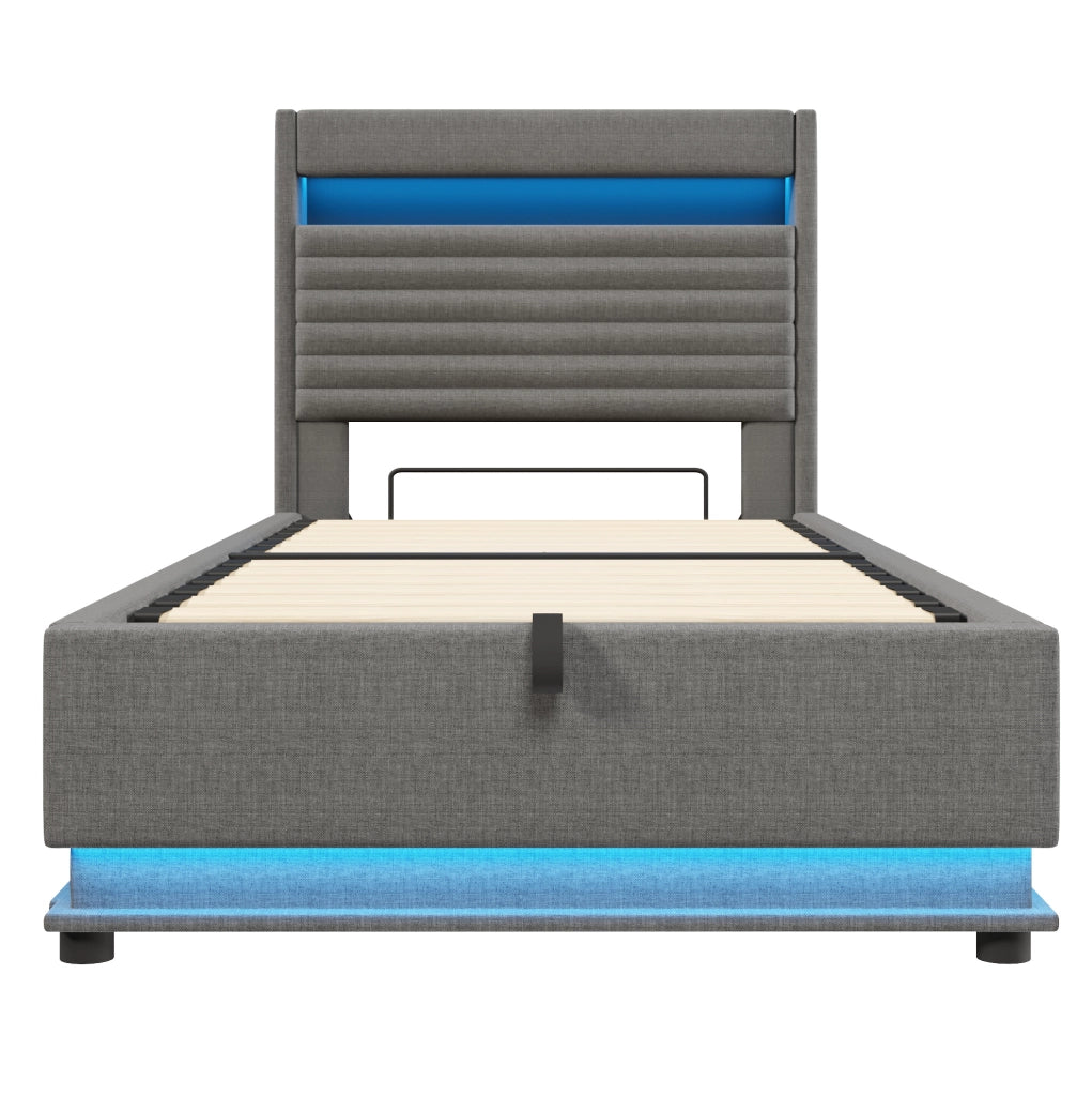 Letto imbottito 90x200 cm con contenitore; LED e ricarica USB Type-C in lino grigio