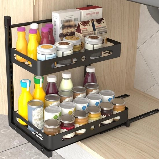 Cassa a muro 2-trappi L con spazio di stoccaggio sotto il piano di lavoro, regolabile in altezza con cassetto a scomparsa, armadio in acciaio inox, piastra di lavoro, cassettino per erbe e spezie estensibile