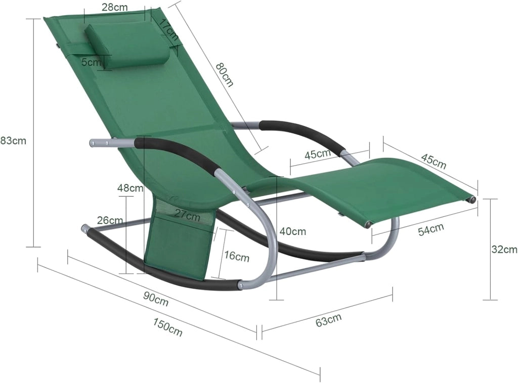 Set di 2 sedie a dondolo da esterno Poltrone sedie sdraio da giardino con cuscino e poggiatesta portata fino a 150 kg Verde Scuro OGS28-WDX2
