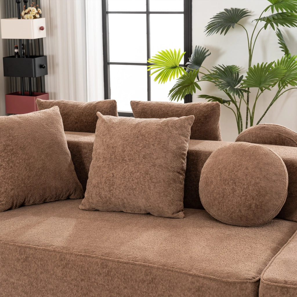 Canapé modulare senza montaggio con funzione letto e cuscini, in ciniglia marrone per soggiorno e relax quotidiano