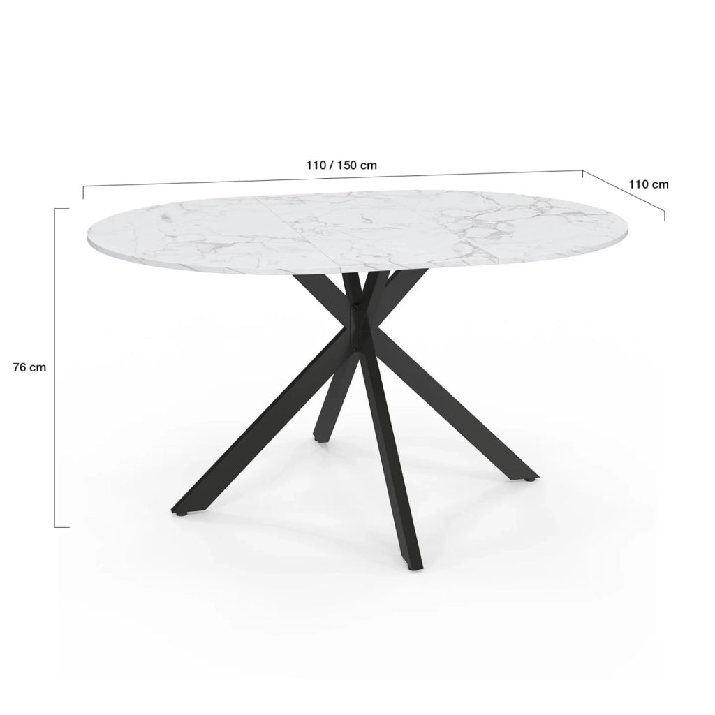 IDMarket - Tavolo da pranzo rotondo allungabile ALIX per 4-8 persone, con gambe a ragnatela nere e piano effetto marmo bianco ALASKA 110-15