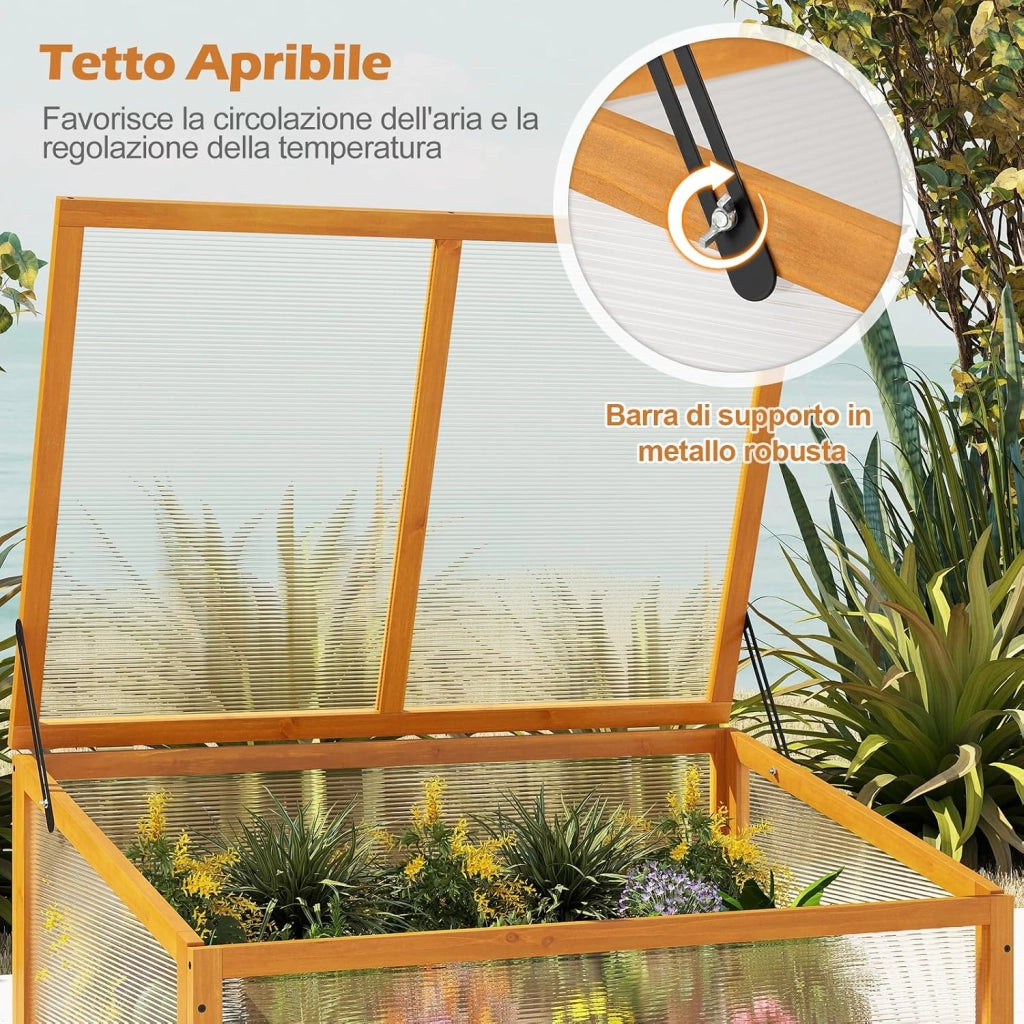 Serra in Legno, Mini Serra con Tetto Trasparente Apribile, Letto Rialzato da Interno ed Esterno per Balcone, Giardino e Veranda (Arancione)