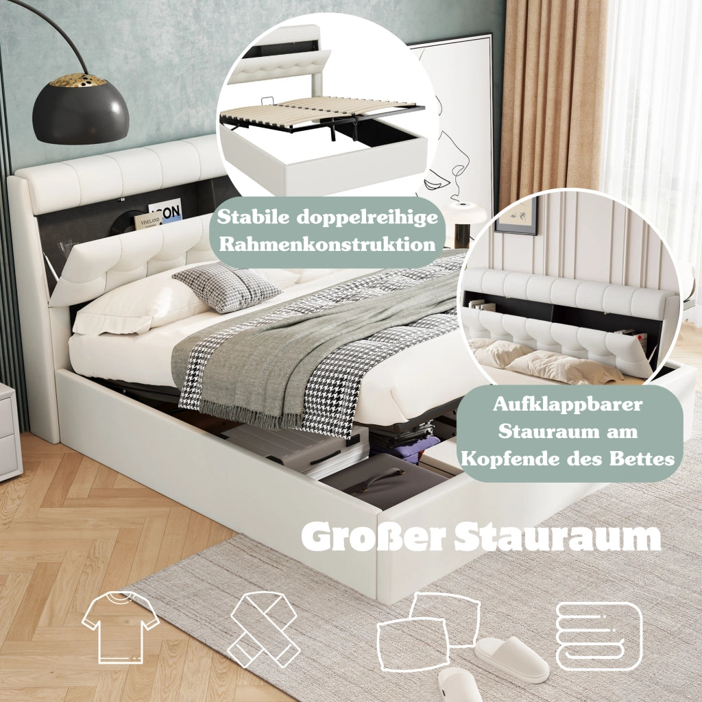 OKWISH Letto Contenitore 160×200 cm, Letto Matrimoniale con Vano Nascosto, Alzata Idraulica e Rete a Doghe, senza Materasso, PU, Bianco