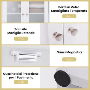 Armadietto Salvaspazio 60 x 30 x 164cm, Mobile Bagno con Scomparti Aperti, Ripiani Regolabili e 2 Porte in Vetro Temprato, Armadio da Bagno per Ufficio, Soggiorno e Camera da Letto (Bianco)