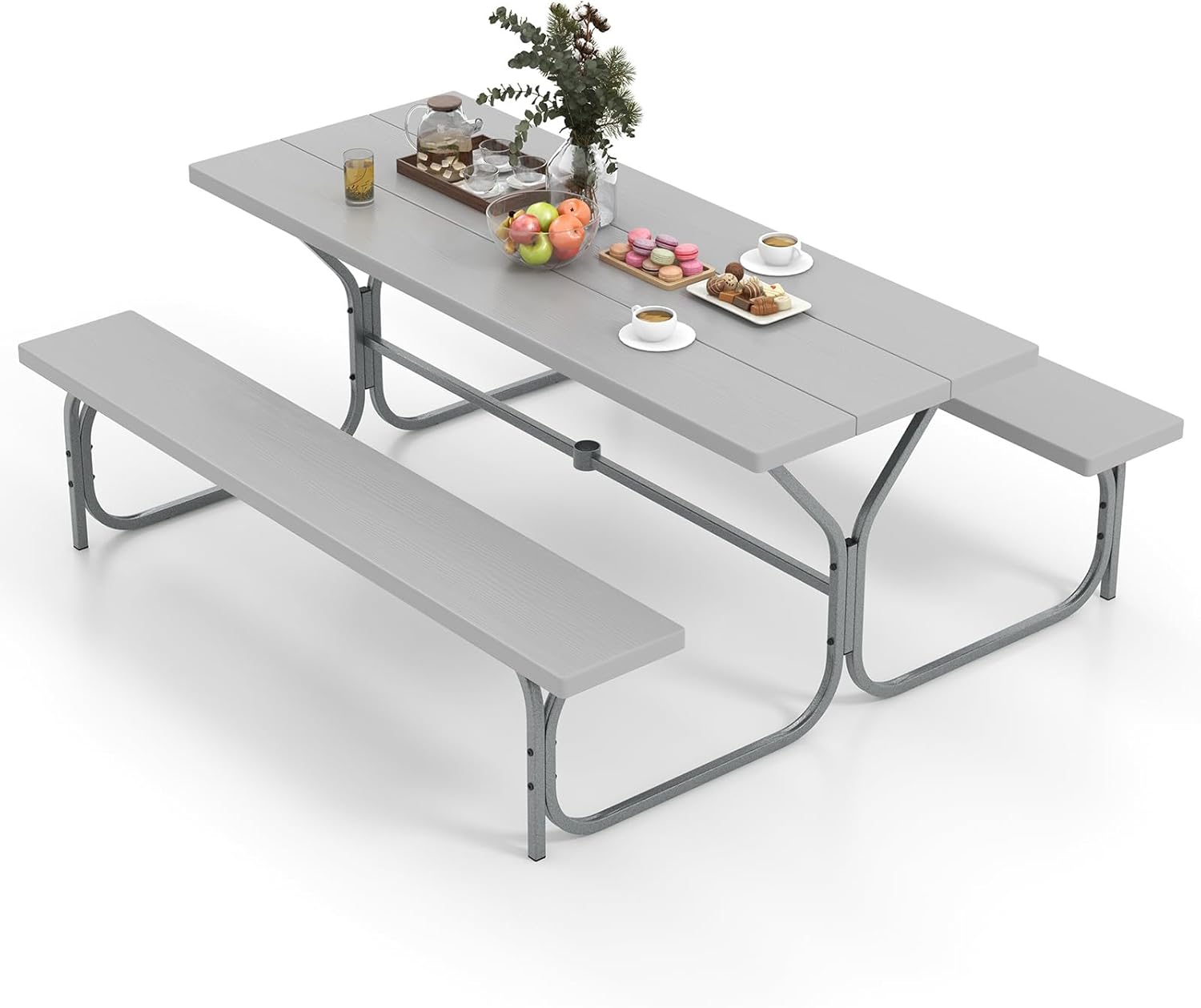 Set Tavolo da Picnic con Panca da 183 cm, Tavolo da Campeggio con 2 Panche per 8 Persone, Foro per Ombrellone, per Giardino, Campeggio, terrazza, Portato Totale 650 kg (Grigio)