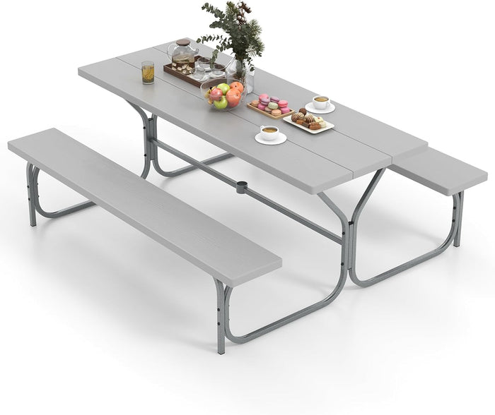 Set Tavolo da Picnic con Panca da 183 cm, Tavolo da Campeggio con 2 Panche per 8 Persone, Foro per Ombrellone, per Giardino, Campeggio, terrazza, Portato Totale 650 kg (Grigio)