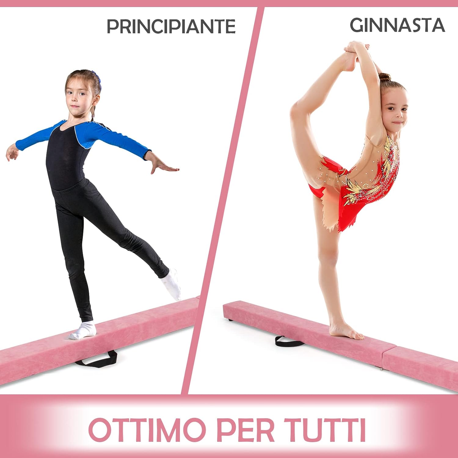 Trave Ginnastica Artistica per Casa 210/240 cm, Trave Pieghevole per Bambini con Maniglia, Base in Legno e Fondo Antiscivolo, Trave di Equilibrio da Pavimento