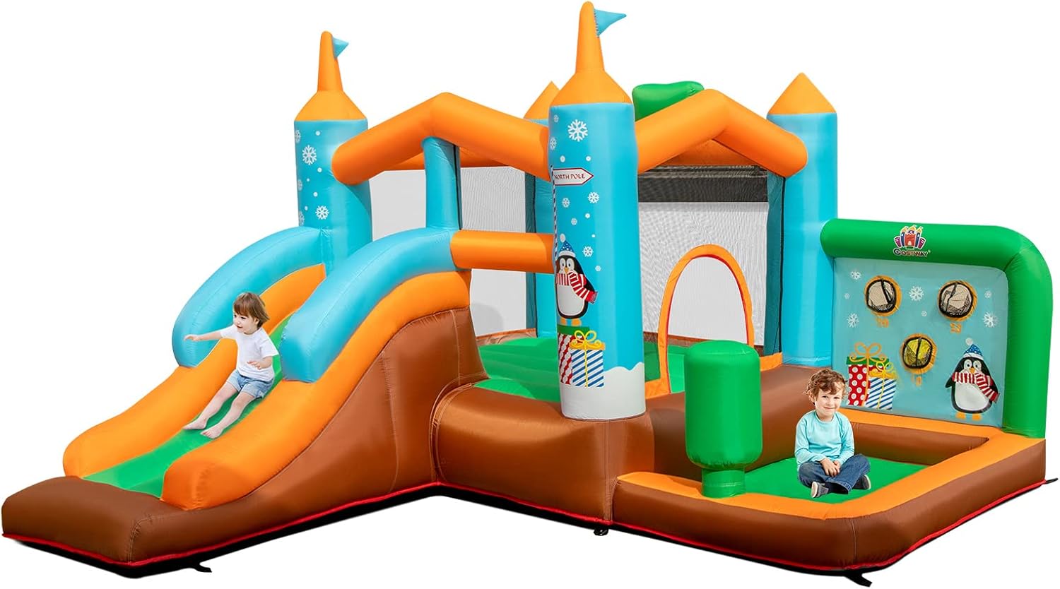 Castello gonfiabile per Bambini, Con Scivolo, Trampolino, Canestro da Basket e Sacco da Box, per 3 Bambini di 3-12 Anni, Con Borsa di Trasporto e Kit di Riparazione (Senza soffiatore)