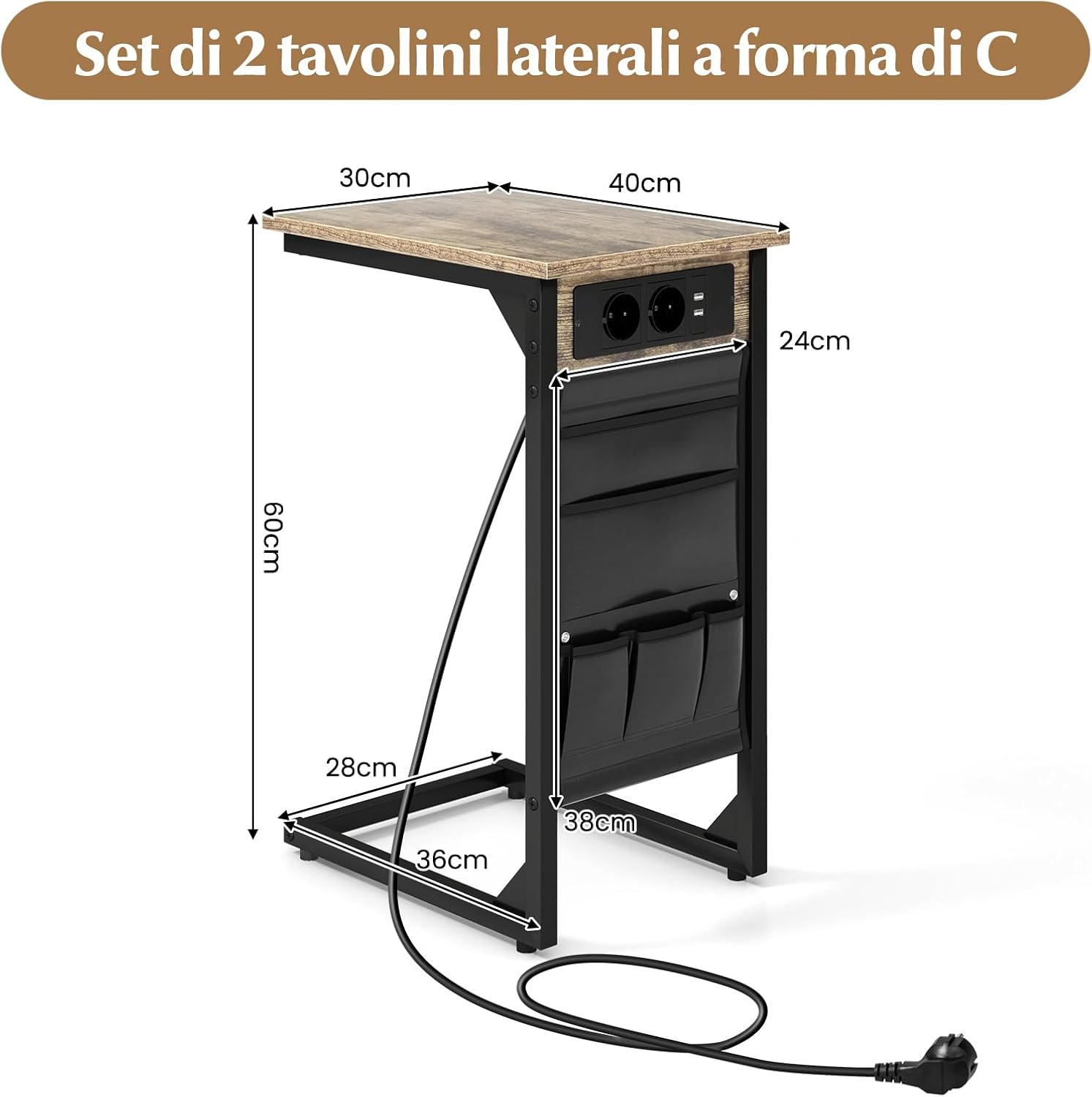 Set di 2 Tavolini a Forma di C, Tavolino da Divano e Letto in Metallo con 2 Prese Elettriche, 2 Porte USB e Tasca Laterale, Comodino per Piccoli Spazi, Salotto e Camera da Letto