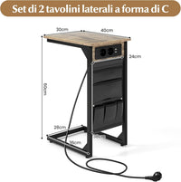 Set di 2 Tavolini a Forma di C, Tavolino da Divano e Letto in Metallo con 2 Prese Elettriche, 2 Porte USB e Tasca Laterale, Comodino per Piccoli Spazi, Salotto e Camera da Letto