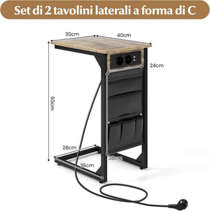 Set di 2 Tavolini a Forma di C, Tavolino da Divano e Letto in Metallo con 2 Prese Elettriche, 2 Porte USB e Tasca Laterale, Comodino per Piccoli Spazi, Salotto e Camera da Letto